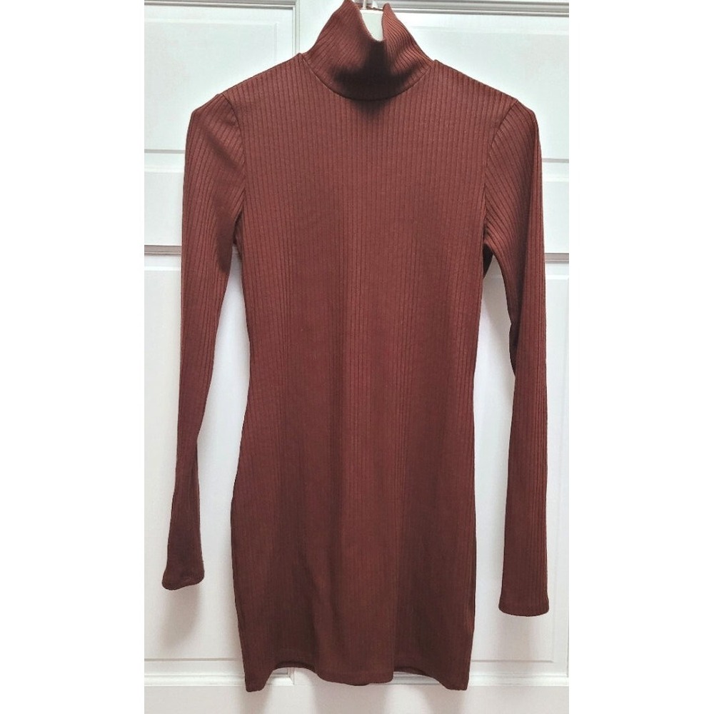 Urban Outfitters Ribbed Knit Long Sleeve Mini Turtleneck Dress - Brown - Small